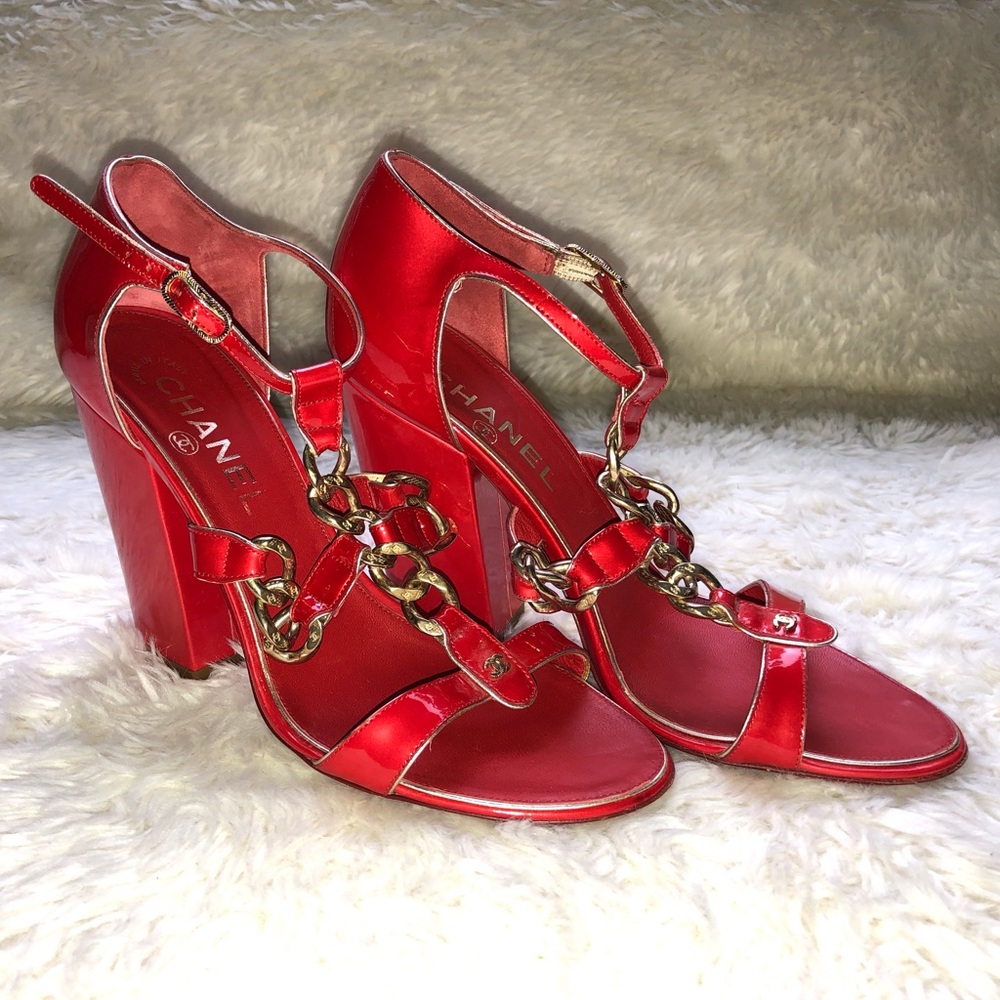 Chanel Red CC Chain-Link Sandals